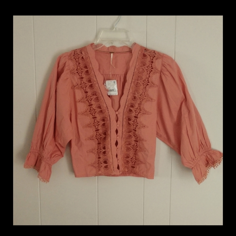 Free People Coral Lace-Trim Button Down Blouse - Picture 4 of 8